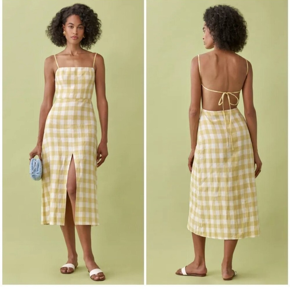 Reformation Nia Linen Midi Dress Open Back Yellow Dandelion Check Gingham